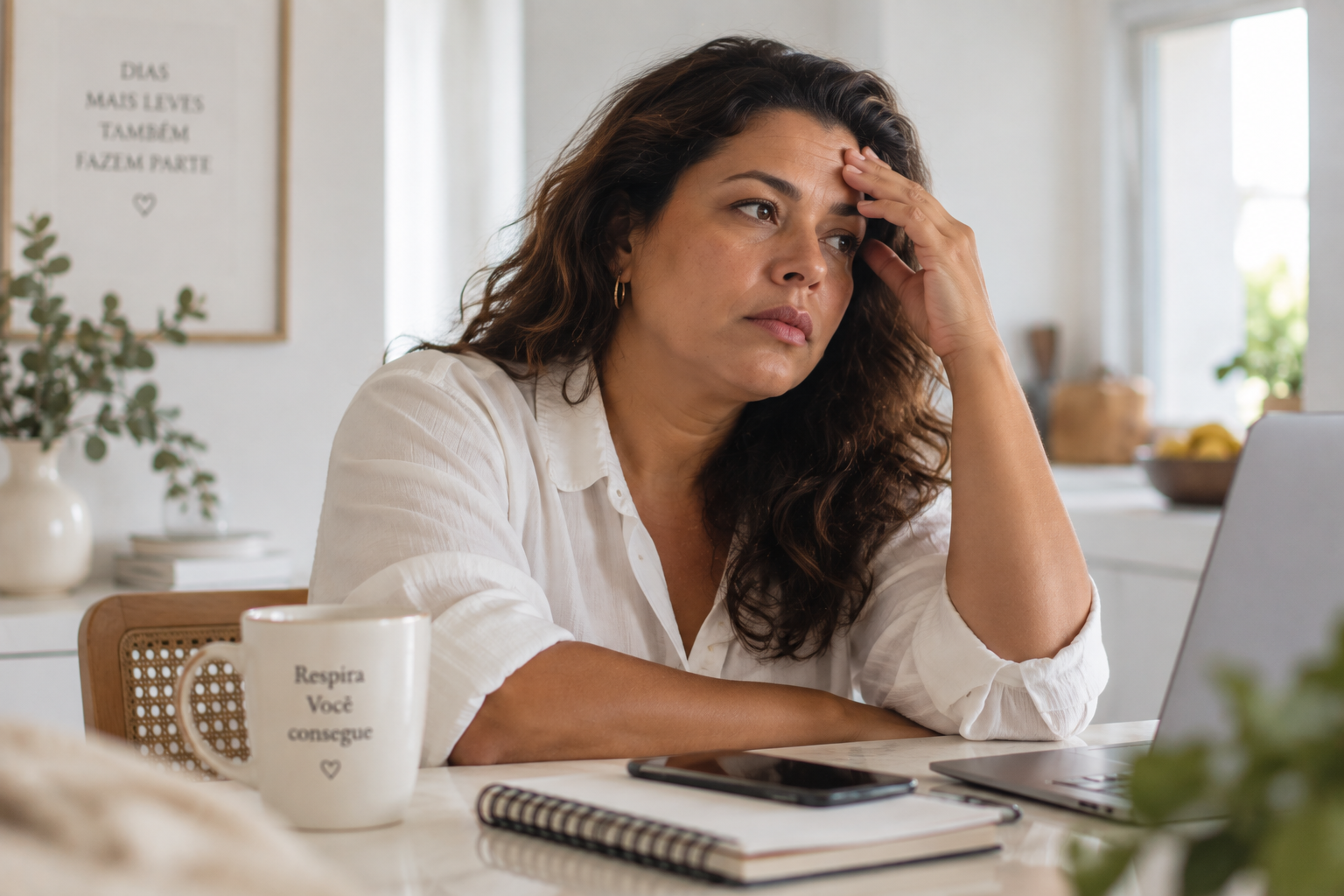 Mulher de meia-idade em momento de preocupação durante a rotina de trabalho, representando sinais de ansiedade e sobrecarga mental feminina.