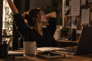 Mulher sorridente e cheia de energia em seu ambiente de trabalho, ilustrando conteúdo sobre a diferença entre felicidade e sinais de mania no transtorno bipolar.