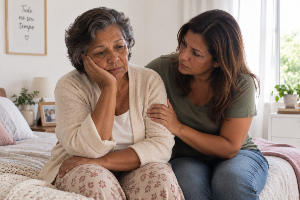 Mulher idosa com expressão triste e distante sentada na cama enquanto recebe o apoio da filha, representando sinais de depressão em mulheres idosas.