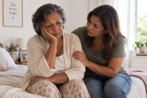 Mulher idosa com expressão triste e distante sentada na cama enquanto recebe o apoio da filha, representando sinais de depressão em mulheres idosas.