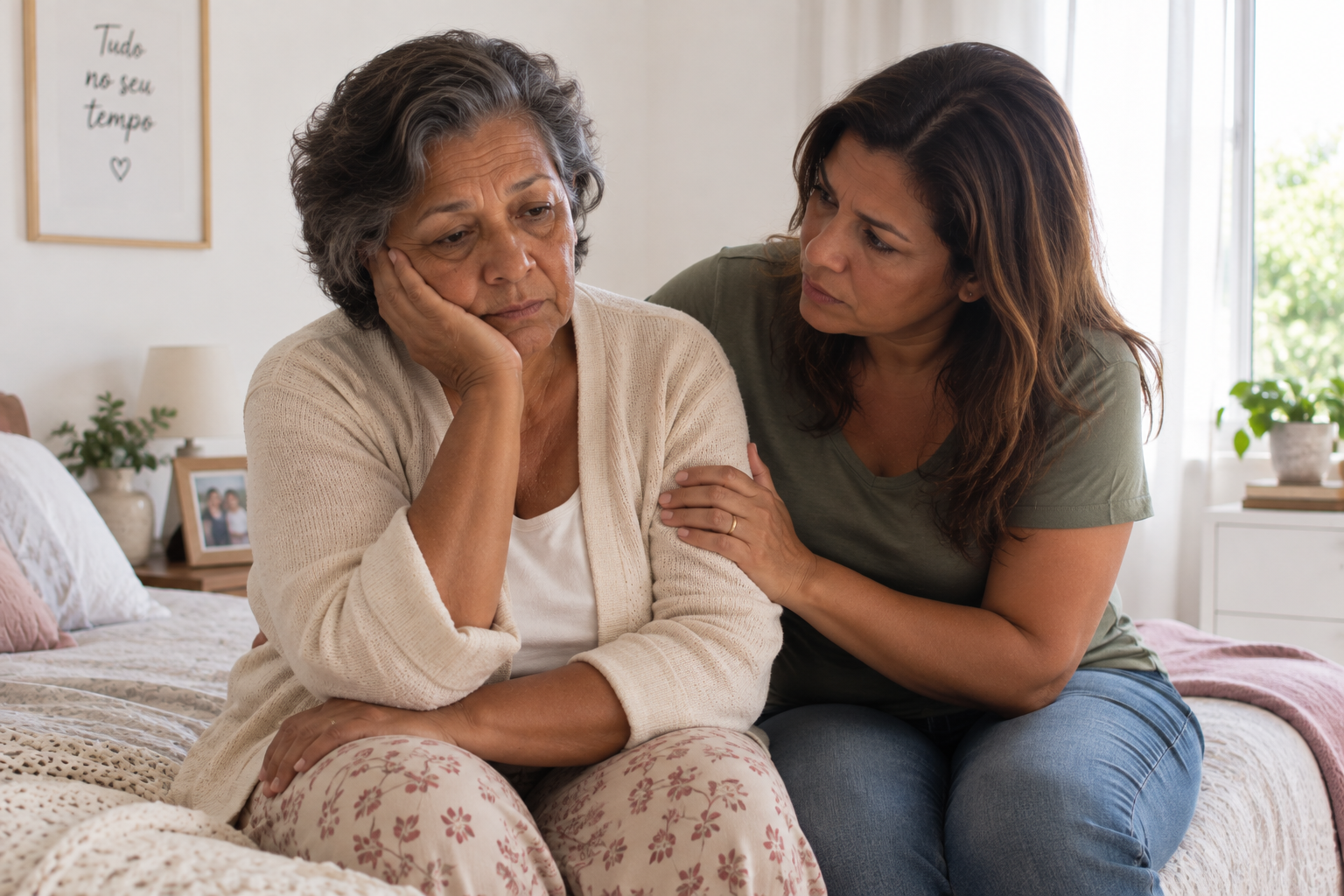 Mulher idosa com expressão triste e distante sentada na cama enquanto recebe o apoio da filha, representando sinais de depressão em mulheres idosas.